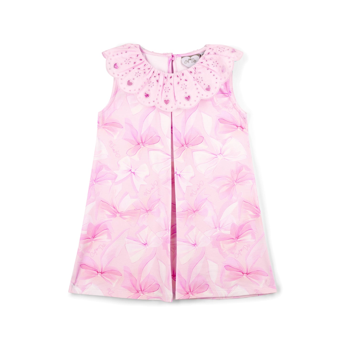 Pink sleeveless dress with floral pattern on a white background