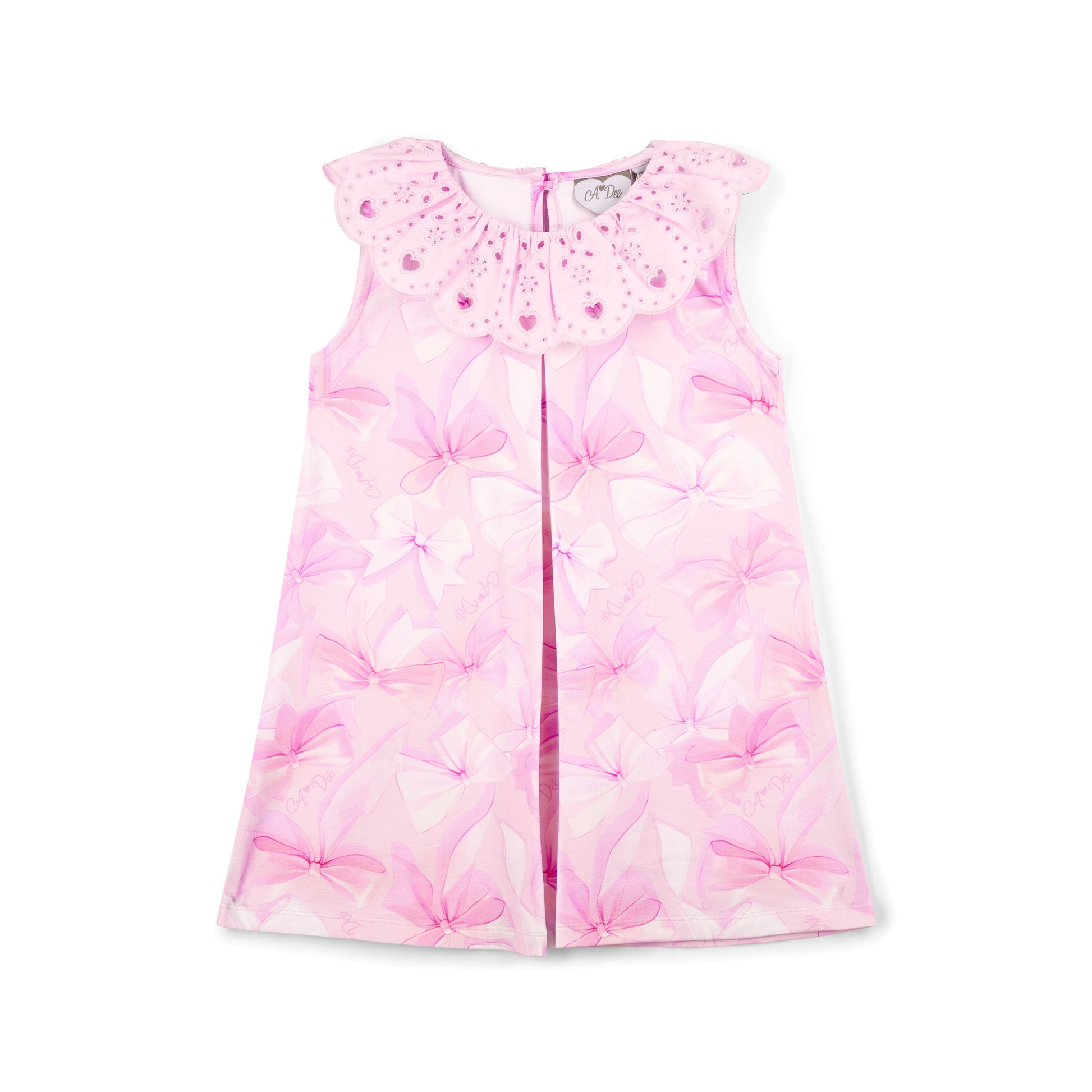 Pink sleeveless dress with floral pattern on a white background