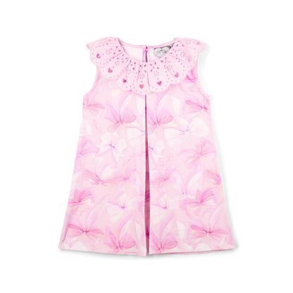 Pink sleeveless dress with floral pattern on a white background