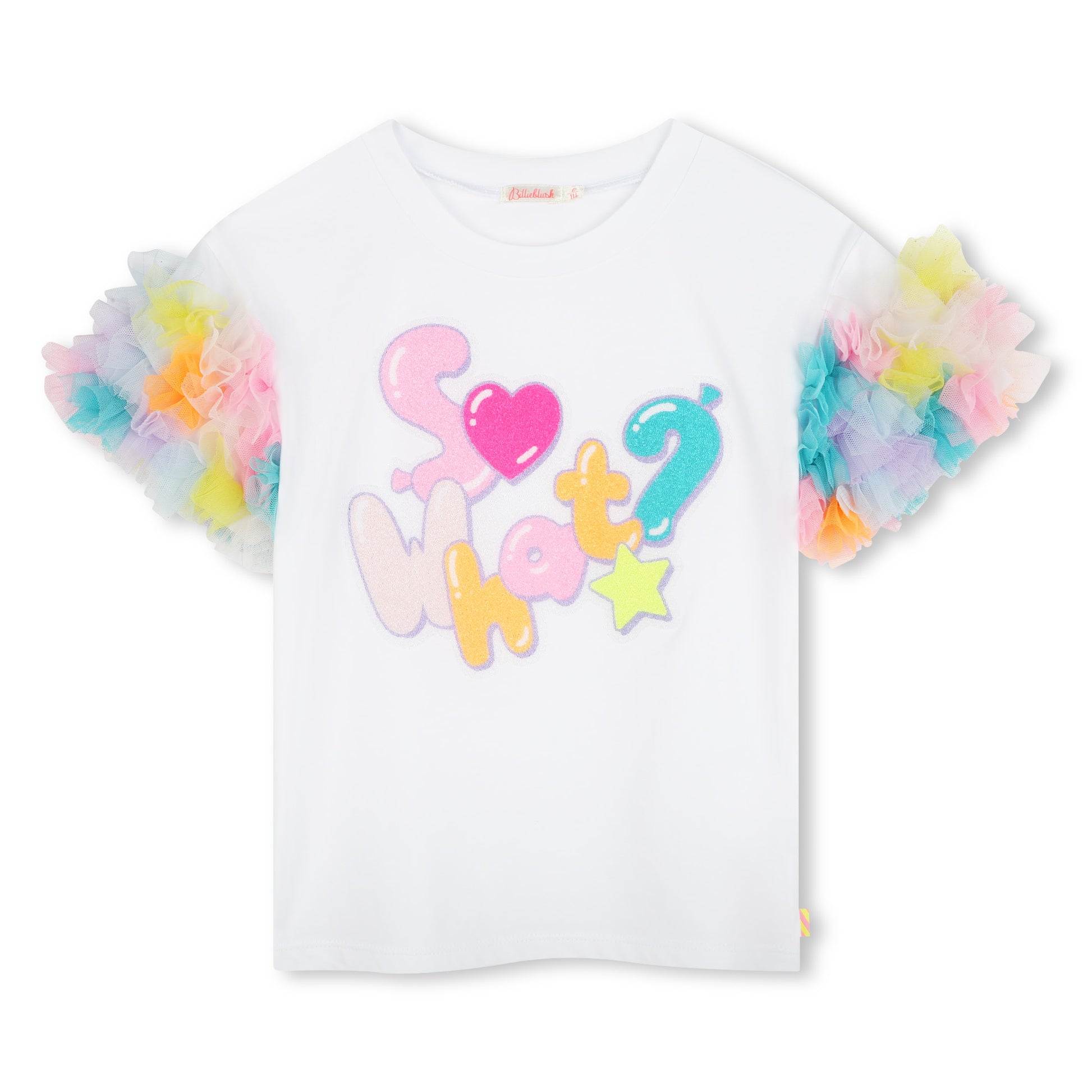 Billieblush, T-Shirts, Billieblush - White T-shirt with multi-coloured ruffle short sleeves