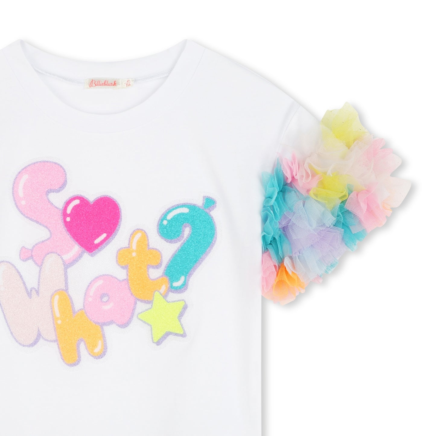 Billieblush, T-Shirts, Billieblush - White T-shirt with multi-coloured ruffle short sleeves