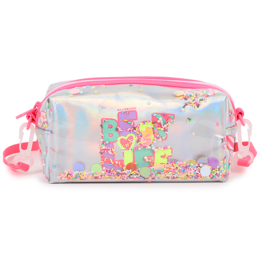 Pencil case with colorful design and 'Best Life' text on a white background