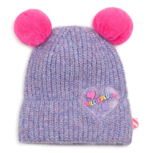 Billieblush - Lilac knit pull on hat with 2 pink bobbles
