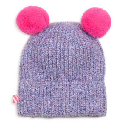Billieblush - Lilac knit pull on hat with 2 pink bobbles
