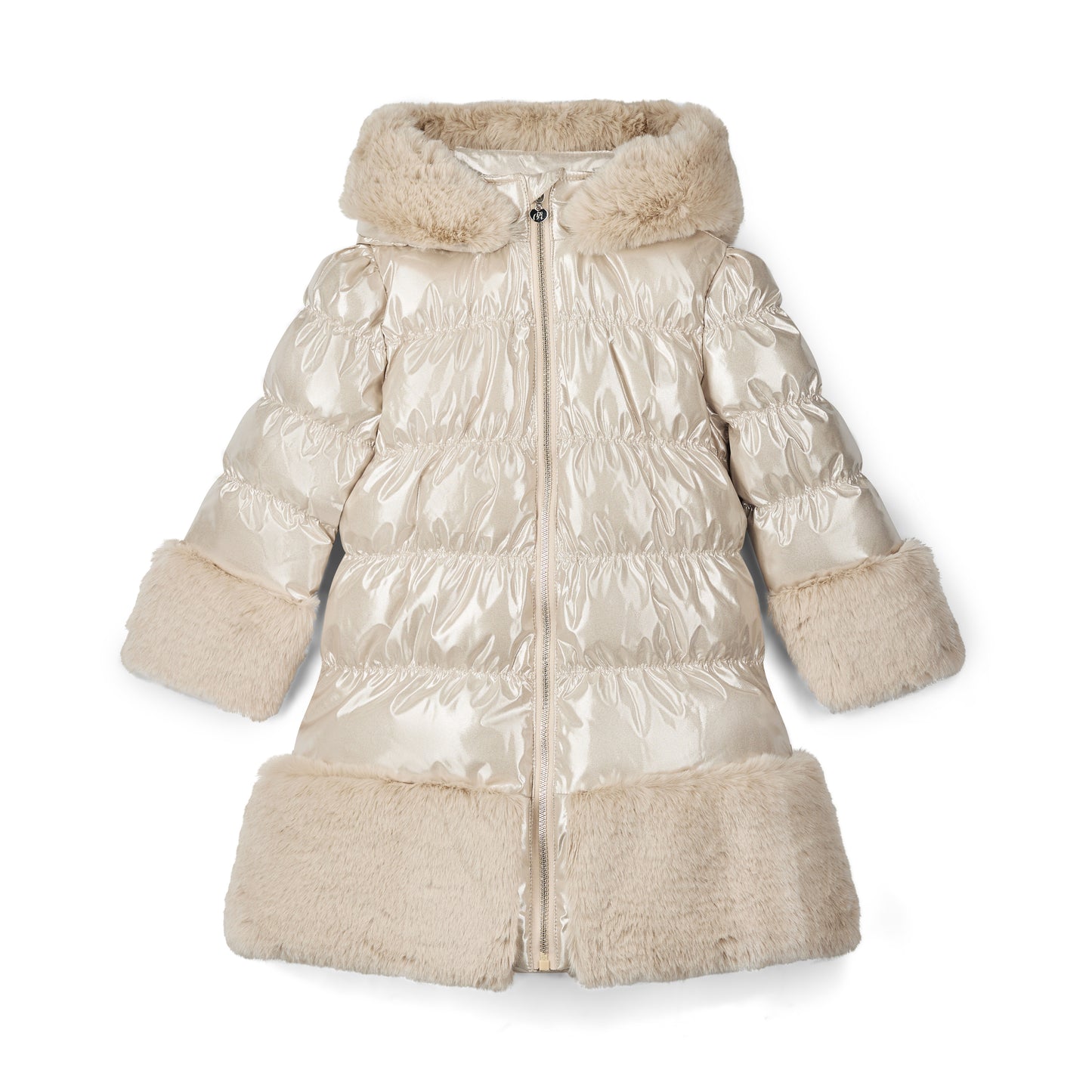 A'Dee - Stone beige sparkle, coat with faux fur trim