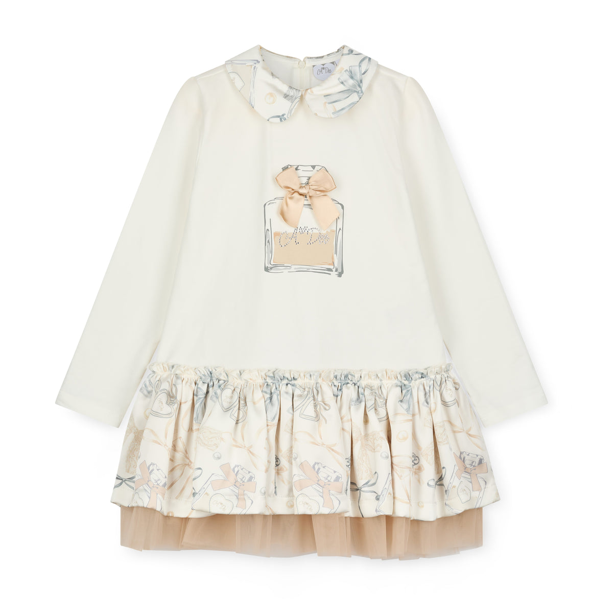 A'Dee - Bow print and tule skirt dress, Beige