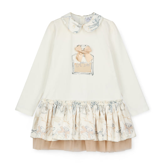 A'Dee - Bow print and tule skirt dress, Beige