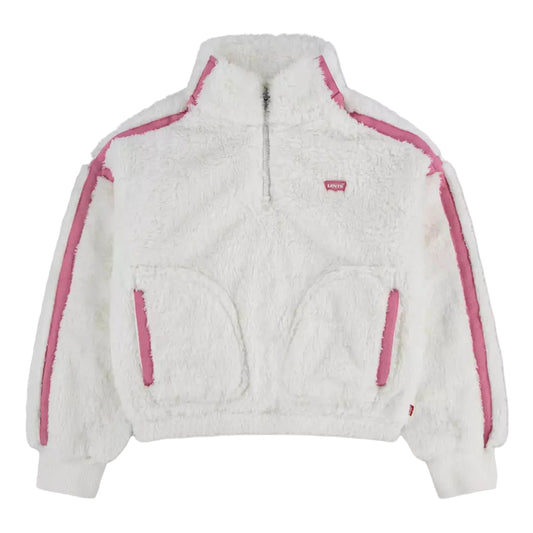 A white sherpa fleece half-zip jacket with pink contrast piping and zippered pockets, shown flat against a white background.