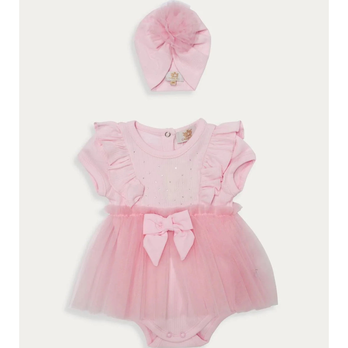 Caramelo Kids, all in ones, Caramelo Kids - Light pink all in one, shortie with tule skirt detail, turban hat