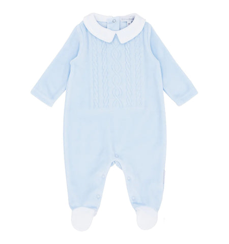 blues baby, All in ones, blues baby - Pale blue velour all in one, cable detail