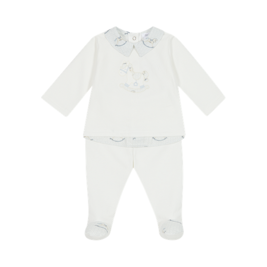 Deolinda, 2 piece outfits, Deolinda - White  2 piece outfit, blue rocking horse detail