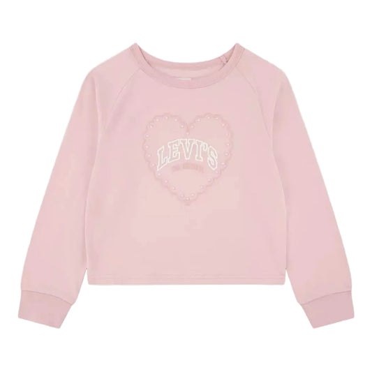 A light pink long-sleeve t-shirt for kids, featuring a scalloped heart outline with the brand name 'LEVI'S' embroidered in white arched letters in the center.