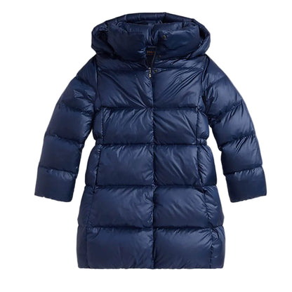 A navy blue hooded puffer coat with horizontal quilting