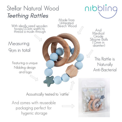 Nibbling, dummy, Nibbling  - Stellar natural wood rattle teething ring, blue