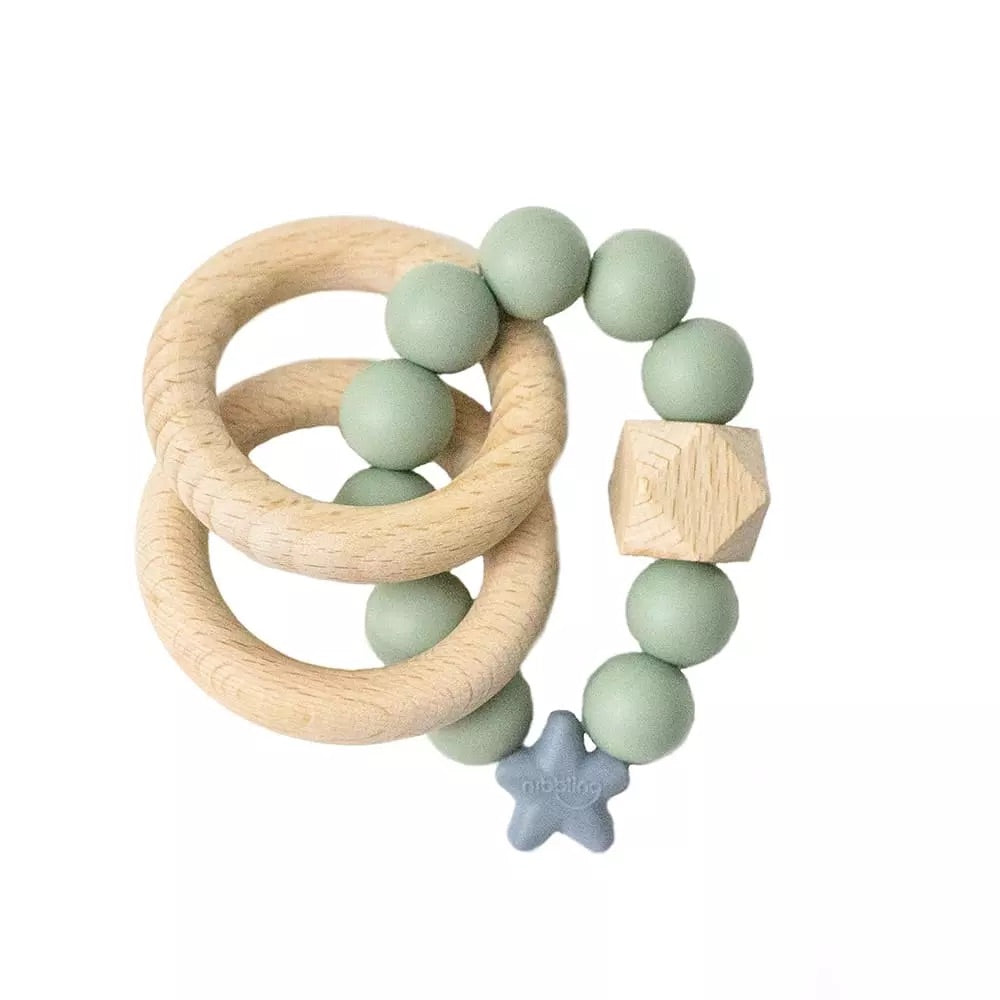 Nibbling, teething rings, Nibbling  - Stellar natural wood rattle teething ring, sage